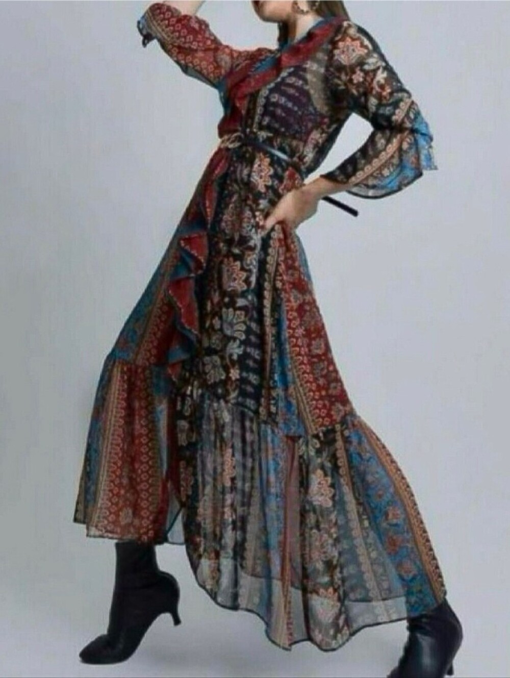 Zara Floral Patchwork Long Sleeve Midi Dress